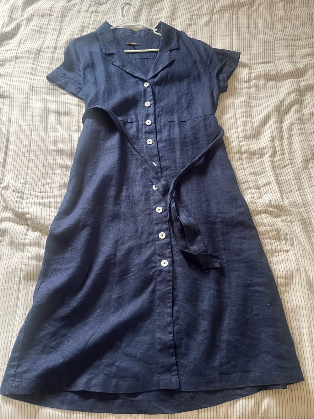Quince Navy Button-Front Linen Shirt Dress with Waist Tie